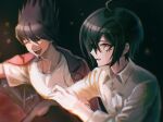  2boys :d ahoge bangs black_background black_hair breast_pocket brown_eyes buttons closed_eyes collarbone collared_shirt danganronpa_(series) danganronpa_v3:_killing_harmony eyebrows_visible_through_hair facial_hair goatee gradient gradient_background grey_shirt happy highres jacket knee_up light male_focus momota_kaito multiple_boys pink_jacket pocket saihara_shuuichi shirt short_hair smile space_print starry_sky_print teeth upper_body upper_teeth visket53 