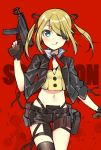  1girl :q bangs black_gloves black_jacket black_panties black_shorts blonde_hair blue_eyes character_name closed_mouth commentary cowboy_shot eyepatch girls_frontline gloves gun headgear highleg highleg_panties holding holding_gun holding_weapon jacket long_sleeves looking_at_viewer magazine_(weapon) medium_hair midriff neck_ribbon panties red_background red_neckwear ribbon shirt short_shorts shorts skindentation skorpion_(girls_frontline) smile solo standing submachine_gun thigh_gap thigh_pouch thigh_strap tongue tongue_out totonii_(totogoya) twintails underwear weapon yellow_shirt 