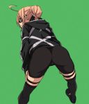  1girl ahoge artoria_pendragon_(all) ass bent_over bike_shorts black-framed_eyewear blonde_hair braid commentary_request fate/grand_order fate_(series) french_braid from_behind fu-ta garter_straps glasses green_background jacket looking_to_the_side mysterious_heroine_x_(alter) semi-rimless_eyewear simple_background solo thighhighs under-rim_eyewear yellow_eyes 