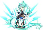  1girl absurdly_long_hair ass_visible_through_thighs bangs blush breasts cleavage daive earrings eyebrows_visible_through_hair gloves green_eyes green_hair highres jewelry large_breasts long_hair looking_at_viewer pneuma_(xenoblade_2) ponytail simple_background smile solo spoilers swept_bangs tiara v very_long_hair white_background xenoblade_(series) xenoblade_2 