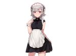  aiko_(kanl) apron blush gray_hair headdress maid original red_eyes short_hair skirt_lift tana_(aiko) twintails white wristwear 