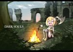 1girl :d =_= amano_pikamee axe bandaid_on_head black_shorts blonde_hair blue_sky bonfire boots cloud commentary copyright_name crying dark_souls dress facing_viewer fire firelink_shrine gloves grass green_hair holding holding_weapon katsumi5o knee_pads letterboxed multicolored_hair open_mouth outdoors planted_sword planted_weapon ruins sad_smile sharp_teeth short_hair shorts sitting sky smile solo souls_(from_software) stairs sweater sweater_dress sword tears teeth tree two-handed two-tone_hair voms weapon white_sweater 