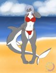  absurd_res anthro beach bikini blue_hair breasts brown_eyes bulge clothing cloud darkdukewolf fish grey_body gynomorph hair hi_res intersex marine non-mammal_breasts red_bikini seaside shark sharp_teeth sky smile solo swimwear teeth water 