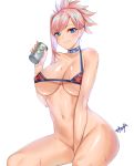  1girl between_legs bikini_top blue_eyes bottomless breasts choker cleavage commentary_request fate/grand_order fate_(series) hair_ornament hand_between_legs highres holding_drink kisaragi_(legobionicle23) large_breasts miyamoto_musashi_(fate/grand_order) navel pink_hair shiny shiny_skin smile solo sweat white_background 