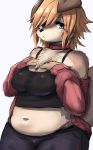  anthro bare_shoulders big_breasts black_nose blonde_hair blue_eyes bottomwear breasts canid canine canis chest_tuft clothed clothing collar countershading crop_top domestic_dog female floppy_ears fully_clothed fur grown_fur hair hi_res kemono kemosara looking_at_viewer mammal midriff monotone_hair multicolored_body multicolored_fur navel pants shirt simple_background slightly_chubby solo standing tan_body tan_countershading tan_fur thick_thighs topwear tuft two_tone_body two_tone_fur white_background 