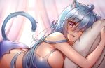  1girl ;d animal_ears bangs bare_shoulders blue_hair blush breasts bright_pupils butt_crack cat_ears cat_girl cat_tail character_request cleavage commentary english_commentary eyebrows_visible_through_hair fang hair_between_eyes indoors kaptivate large_breasts long_hair lying on_stomach one_eye_closed open_mouth panties pillow pillow_hug purple_eyes purple_panties smile solo strap_slip tail tank_top underwear very_long_hair 