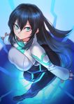  1girl black_hair blue_background bodysuit floating from_above green_eyes gundam gundam_build_divers gundam_build_divers_re:rise highres kilye_4421 long_hair looking_up may_(gundam_build_divers_re:rise) open_hands outstretched_arms skin_tight solo 