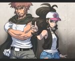  1boy 1girl baseball_cap beard belt black_belt black_wristband blue_eyes breasts brown_eyes brown_hair commentary_request cowboy_shot denim denim_shorts eyelashes facial_hair gloves hat kurii_chasuke long_hair looking_at_viewer muscle pokemon pokemon_(game) pokemon_bw pokemon_dppt ponytail shorts small_breasts smirk tougan_(pokemon) touko_(pokemon) vest white_gloves white_headwear wristband 