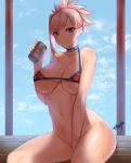  1girl between_legs bikini_top blue_eyes blue_sky bottomless breasts choker cleavage cloud commentary_request fate/grand_order fate_(series) hair_ornament hand_between_legs highres holding_drink kisaragi_(legobionicle23) large_breasts miyamoto_musashi_(fate/grand_order) navel pink_hair sitting_on_bench sky smile solo 
