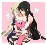  2girls absurdres bandaged_arm bandages bare_shoulders black_hair black_legwear blonde_hair breast_grab breasts closed_eyes closed_mouth collarbone detached_sleeves fingering grabbing grabbing_from_behind hair_between_eyes highres long_hair magilou_(tales) miiii mismatched_legwear multiple_girls pink_background pink_legwear pussy_juice sitting sitting_on_lap sitting_on_person small_breasts tales_of_(series) tales_of_berseria tears thought_bubble torn_clothes torn_legwear translation_request two-tone_background velvet_crowe white_background yellow_eyes yuri 