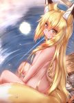  ahoge animal_humanoid big_tail blonde_hair blush breasts brown_body brown_fur butt canid canid_humanoid canine canine_humanoid cute_fangs detailed_background dipstick_ears dipstick_tail female flower_petals fluffy fluffy_tail fox_humanoid full_moon fur glistening hair hi_res high-angle_view horokusa0519 hot_spring humanoid inner_ear_fluff light_skin long_hair looking_at_viewer mammal mammal_humanoid monotone_hair moon multicolored_body multicolored_ears multicolored_fur multicolored_tail nude onsen outside partially_submerged petals reflection sitting slim small_breasts smile solo tuft water water_reflection wet white_body white_fur yellow_body yellow_eyes yellow_fur 