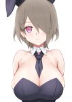  1girl animal_ears arms_behind_back bangs bare_shoulders black_neckwear blush breasts bunny_ears bunny_girl bunnysuit cleavage commentary_request eyebrows_visible_through_hair fake_animal_ears hair_over_one_eye highres honkai_(series) honkai_impact_3rd jilu large_breasts looking_at_viewer parted_lips pink_eyes rita_rossweisse simple_background solo teeth white_background 