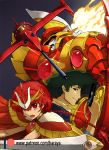  1boy 1girl black_eyes black_hair braid braided_ponytail cowboy_bebop fire grey_background gun handgun haraya_manawari magic_knight_rayearth mecha pistol rayearth_(character) red_eyes red_hair robot shidou_hikaru spike_spiegel super_robot_wars super_robot_wars_t swordfish_ii weapon 