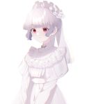  1girl albino bangs blunt_bangs cowboy_shot dress empty_eyes juliet_sleeves lace_trim light_smile long_sleeves looking_away maid maid_headdress mamyouda original puffy_sleeves red_eyes ribbon sidelocks silver_hair simple_background updo white_background white_dress white_ribbon 