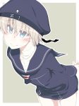  1boy anchor bangs blue_eyes blue_headwear clothes_writing dress eyebrows_visible_through_hair genderswap genderswap_(ftm) hat highres kantai_collection long_sleeves male_focus outline ryou sailor_collar sailor_dress sailor_hat short_hair silver_hair simple_background smile solo white_outline z1_leberecht_maass_(kantai_collection) 