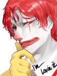  1boy chin_stroking clown dokomon english_text face facepaint gloves grin half-closed_eyes hand_on_own_chin highres looking_at_viewer male_focus mcdonald&#039;s medium_hair parted_lips red_eyes ronald_mcdonald sidelocks smile solo white_skin wing_collar 