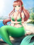  1girl artist_name bangs bare_arms bare_shoulders blurry blurry_background blush breasts cleavage closed_mouth collarbone commentary day depth_of_field doki_doki_literature_club english_commentary eyebrows_visible_through_hair gigamessy green_eyes head_fins high_ponytail jewelry large_breasts long_hair looking_at_viewer mermaid monika_(doki_doki_literature_club) monster_girl navel necklace on_rock outdoors pendant rock scales sidelocks sitting smile solo strapless treble_clef very_long_hair 