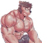  2019 abs anthro big_muscles black_hair black_nipples black_nose bottomwear bulge clothed clothing episode0006 eyebrows eyewear facial_hair fur glasses hair hi_res looking_at_viewer male mammal mr._mitsutomo muscular muscular_male nipples pecs polar_bear shorts sideburns simple_background sitting smile solo thick_eyebrows topless ursid ursine white_background white_body white_fur yellow_eyes 