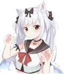  1girl animal_ear_fluff animal_ears azur_lane bare_arms bare_shoulders black_bow black_choker black_sailor_collar blush bow cat_ears choker claw_pose closed_mouth commentary_request crop_top fang fang_out hair_bow hands_up kohakope long_hair red_bow red_eyes sailor_collar school_uniform serafuku shirt silver_hair simple_background sleeveless sleeveless_shirt smile solo twintails upper_body very_long_hair white_background white_shirt yukikaze_(azur_lane) 