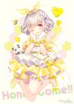  1girl ;d background_text bangs bare_shoulders bee beige_background blush bug commentary_request detached_sleeves earrings english_text eyebrows_visible_through_hair flower flower_earrings full_body gloves grey_hair hair_flower hair_ornament hair_ribbon hands_up heart highres honeycomb_(pattern) insect jewelry kuusou_code_plus nemukawa_yumena one_eye_closed open_mouth panda_hair_ornament pleated_skirt puffy_short_sleeves puffy_sleeves red_eyes ribbon shirt shoes short_hair short_sleeves signature skirt sleeveless sleeveless_shirt smile solo twitter_username virtual_youtuber wasabi_(sekai) white_flower white_gloves white_shirt yellow_flower yellow_footwear yellow_ribbon yellow_skirt yellow_sleeves 