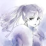  1girl bangs fur_trim han&#039;you_no_inuyasha highres inuyasha japanese_clothes long_hair looking_at_viewer monochrome o-ring open_mouth ponytail purple_theme rokstor setsuna_(inuyasha) sidelocks simple_background solo 