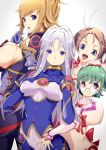  4girls blonde_hair blue_eyes breasts brown_hair choujuushin_gravion cleavage cowlick eina eyebrows_behind_hair glasses green_hair gusuku_luna hand_behind_head hands_on_own_chest highres leele long_hair maid multiple_girls purple_eyes purple_hair sakusakusakurai short_hair tachibana_mizuki 