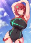  1girl ara_ara armpits breasts competition_swimsuit covered_navel eyebrows_visible_through_hair highres homura_(xenoblade_2) large_breasts one-piece_swimsuit ponpo red_eyes red_hair short_hair solo squinting swimsuit xenoblade_(series) xenoblade_2 