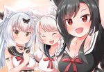  3girls :3 :d ^_^ anchor_choker animal_ear_fluff animal_ears arm_ribbon arm_up azur_lane bangs bare_shoulders black_bow black_hair black_sailor_collar black_shirt blush bow braid breasts cat_ears closed_eyes collarbone commentary_request crop_top crop_top_overhang eyebrows_visible_through_hair fang hair_between_eyes hair_bow hand_up highres hoshino_(s22) long_hair looking_at_viewer medium_breasts multiple_girls neck_ribbon open_mouth ponytail red_eyes red_ribbon ribbon sailor_collar self_shot shigure_(azur_lane) shirt short_eyebrows short_sleeves side_braid sidelocks silver_hair smile swept_bangs thick_eyebrows tied_shirt twintails underboob upper_body white_sailor_collar wolf_ears wolf_girl yellow_eyes yukikaze_(azur_lane) yuudachi_(azur_lane) 
