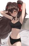  1girl armpits arms_up bangs bed_frame bed_sheet black_bra black_panties blush bow bra breasts brown_eyes brown_hair cleavage cowboy_shot girls_frontline hair_bow highres long_hair medium_breasts navel panties qbz-97_(girls_frontline) red_bow sabashi solo stomach sweat twintails underwear underwear_only very_long_hair 