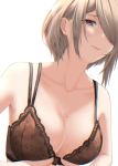  1girl adjusting_bra adjusting_clothes black_bra blurry blush bra breasts brown_hair cleavage closed_mouth collarbone dressing eleaaa eyelashes from_below hair_behind_ear hair_over_one_eye half-closed_eyes highres honkai_(series) honkai_impact_3rd large_breasts light_smile lipstick looking_at_viewer looking_down makeup mole mole_on_breast mole_under_eye one_eye_covered red_eyes rita_rossweisse short_hair simple_background smile solo underwear underwear_only white_background 