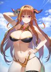  1girl arm_up armpits ass_visible_through_thighs bangs bikini blue_sky bow braid breasts brooch cleavage closed_mouth cloud day diagonal-striped_bow dragon_girl dragon_horns dragon_tail eyebrows_visible_through_hair hairband hand_on_hip highres hololive horn_bow horns jewelry kiryuu_coco large_breasts lips long_hair looking_at_viewer multicolored_hair orange_bikini orange_hair outdoors pointy_ears raijuu_(bakanara) red_eyes shaded_face single_braid sky smile solo standing striped striped_bow swimsuit tail very_long_hair virtual_youtuber 