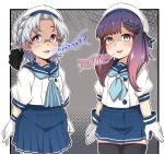  2girls bangs black_legwear blue_eyes blue_neckwear blue_ribbon blue_sailor_collar blue_skirt blush brown_eyes buttons commentary_request cowboy_shot eyebrows_visible_through_hair glasses gloves gradient_hair grey_hair hair_ornament hat highres hirato_(kantai_collection) kantai_collection long_hair long_sleeves looking_at_viewer multicolored_hair multiple_girls neckerchief open_mouth pleated_skirt puffy_short_sleeves puffy_sleeves purple_eyes purple_hair ribbon ryuun_(stiil) sailor_collar sailor_hat school_uniform serafuku shaded_face short_hair short_sleeves sidelocks simple_background skirt smile thighhighs tsushima_(kantai_collection) white_gloves 