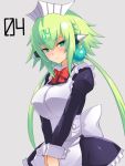  1girl bombergirl bow bowtie breasts closed_mouth edobox emera_(bombergirl) eyebrows_visible_through_hair green_eyes green_hair grey_background large_breasts long_hair looking_at_viewer maid maid_headdress red_neckwear simple_background solo twintails 