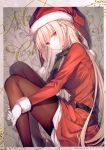  1girl absurdres belt blonde_hair breasts fate/grand_order fate_(series) fetal_position florence_nightingale_(fate/grand_order) florence_nightingale_santa_(fate/grand_order) fur-trimmed_sleeves fur_trim gloves hat high_heels highres knees_to_chest long_hair looking_at_viewer medium_breasts merry_christmas neck_ribbon pantyhose red_eyes ribbon santa_costume santa_hat scan solo toosaka_asagi white_gloves 