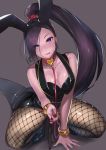  1girl animal_ears arm_support bangs bare_shoulders black_leotard blush bracelet breasts bunny_ears bunnysuit choker cleavage coattails collar collarbone dragon_quest dragon_quest_xi eyes_visible_through_hair fake_animal_ears fishnet_legwear fishnets grey_background heart heart-shaped_pupils heart_choker highres holding_leash jewelry kagematsuri large_breasts leash leotard licking_lips long_hair looking_at_viewer martina_(dq11) pantyhose pink_skin ponytail purple_eyes purple_hair revision shiny shiny_clothes solo squatting swept_bangs symbol-shaped_pupils tongue tongue_out very_long_hair vest 