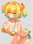  +_+ 1girl bikini blonde_hair blue_eyes blue_hair bombergirl breasts clenched_teeth collarbone edobox large_breasts looking_at_viewer multicolored_hair pine_(bombergirl) short_hair side-tie_bikini smile solo swimsuit tail teeth twintails two-tone_hair yellow_bikini 