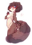  1girl animal_ears ass blue_eyes breasts brown_hair fang furry glasses highres long_tail nude open_mouth original raccoon_ears raccoon_tail short_hair simple_background small_breasts smile solo tail white_background yuuki_(yuyuki000) 