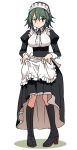  1girl alternate_costume apron black_dress black_footwear boots breasts commentary_request dress dress_lift enmaided frilled_apron frills full_body green_eyes green_hair heterochromia highres kantai_collection kiso_(kantai_collection) knee_boots looking_at_viewer maid maid_headdress masukuza_j medium_breasts short_hair simple_background solo standing waist_apron white_apron white_background yellow_eyes 