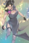  1girl alternate_costume alternate_hairstyle black_hair blurry blurry_background breasts brown_eyes china_dress chinese_clothes claw_(weapon) cleavage cleavage_cutout clenched_hands corsage double_bun dress electricity final_fantasy final_fantasy_vii final_fantasy_vii_remake fingerless_gloves gloves lace lace-trimmed_legwear large_breasts looking_to_the_side open_mouth shillo sleeveless solo thighhighs tifa_lockhart weapon 
