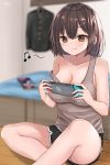  1girl :q bare_arms bare_legs bare_shoulders black_shorts blurry breasts brown_eyes brown_hair cleavage coat collarbone depth_of_field grey_shirt hair_ornament hairclip highres indian_style large_breasts medium_hair musical_note nintendo_switch noeru_(gt17854) original playing shirt short_shorts shorts sitting smile solo strap_slip tank_top tongue tongue_out 