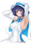  1girl armpits arms_up blue_eyes blue_hair capelet dress hat highres looking_at_viewer mamimi_(mamamimi) short_hair smile suntory suntory_nomu virtual_youtuber 