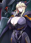  1girl armor artoria_pendragon_(all) artoria_pendragon_(lancer_alter) black_armor black_cape blonde_hair blush body_armor breasts cape cleavage cleavage_cutout cosplay crossed_arms dark_persona eyebrows_visible_through_hair fate/grand_order fate_(series) highres horns huge_breasts kloah large_breasts long_bangs odysseus_(fate/grand_order) odysseus_(fate/grand_order)_(cosplay) slit_pupils yellow_eyes 