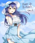  1girl bangs blue_hair blush character_name choker cloud day dress floating_hair hair_between_eyes hand_in_hair happy_birthday hat highres long_hair looking_at_viewer love_live! love_live!_school_idol_project open_mouth outdoors skirt sky smile solo sonoda_umi standing sundress wind yellow_eyes yoshinon_(yoshinon_kotori) 