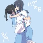  2girls black_hair blue_background blue_hair blue_sailor_collar blue_skirt eyebrows_visible_through_hair hibike!_euphonium hug kasaki_nozomi kitauji_high_school_uniform liz_to_aoi_tori looking_at_another multiple_girls ree_(re-19) sailor_collar school_uniform shirt short_ponytail skirt smile standing white_shirt yoroizuka_mizore 