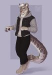  anthro clothed clothing digital_media_(artwork) felid fur hair jeanx looking_at_viewer male mammal pantherine pawpads paws simple_background smile snow_leopard solo spots standing 