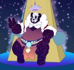  anthro belly big_belly blue_eyes chair clothing crown furniture giant_panda hi_res kokoro-doll male mammal open_mouth overweight sitting solo starry_sky_motif throne ursid yoggy 