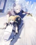  1boy 1girl artoria_pendragon_(all) artoria_pendragon_(swimsuit_archer) blonde_hair city excalibur fate/grand_order fate_(series) green_eyes ground_vehicle highres holding holding_sword holding_weapon itsuki_(s2_129) merlin_(fate) motor_vehicle motorcycle purple_eyes riding road scarf sword weapon white_hair 