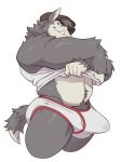  3:4 analon_(artist) anthro belly bodily_fluids body_hair briefs bulge canid canine canis clothing genital_fluids happy_trail hat headgear headwear hi_res looking_at_viewer male mammal musclegut navel precum pubes shirt simple_background solo tank_top topwear underwear undressing white_background wolf 