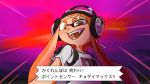  1girl apple_toki bangs blunt_bangs brown_eyes commentary domino_mask emphasis_lines fangs headphones highres inkling long_hair looking_at_viewer mask multicolored multicolored_background open_mouth orange_hair pointy_ears print_shirt shirt short_sleeves smirk solo splatoon_(series) splatoon_1 t-shirt translation_request white_shirt 