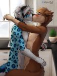  2020 3:4 anthro blush canid canine canis domestic_dog duo eye_contact felid hi_res kissing kitchen looking_at_another male male/male mammal nude pantherine snow_leopard wagnermutt 
